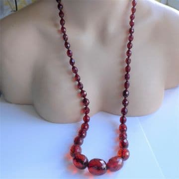 Stunning Graduated Cranberry Red Amber Beads Hand Faceted 37" Long 80g restrung